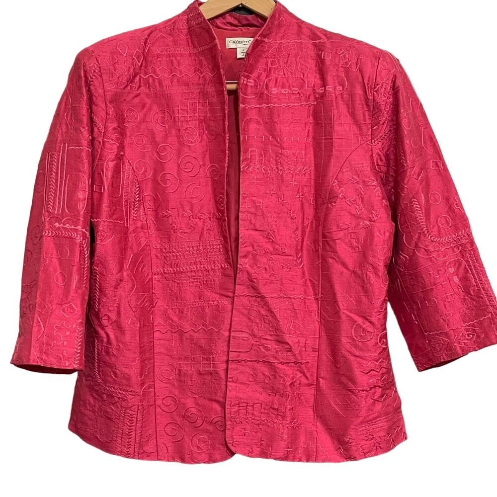 Coldwater Creek 100% Silk Embroidered Pink Jacket Large 3/4 Sleeves Open Front